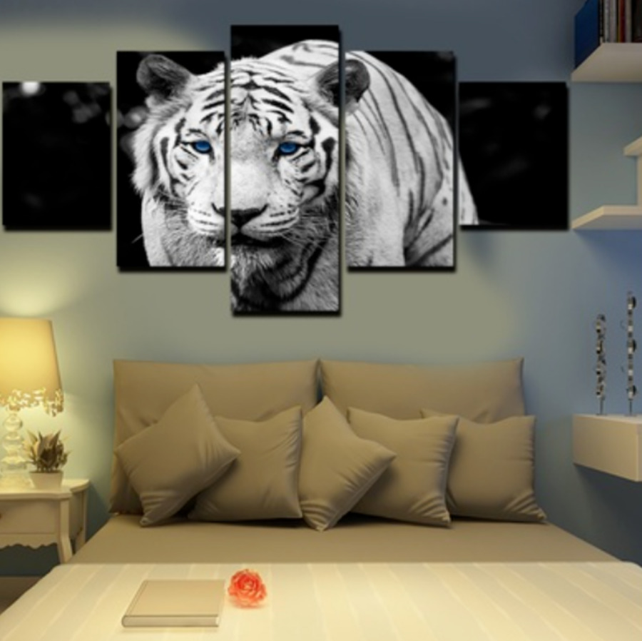 Wandbilder Set White Tiger Blaue Augen Leinwand Gemalde 5x Bild